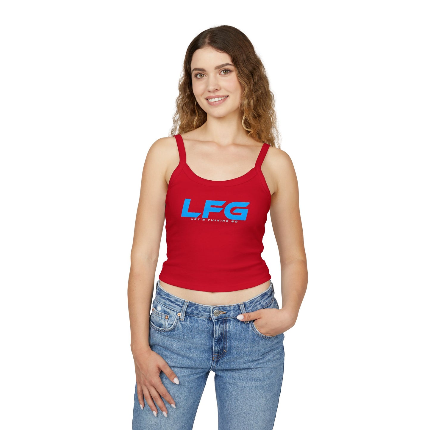 LFG (BLUE Font) - Women's Spaghetti Strap Tank Top - LFG Motivational Grey Crop Top