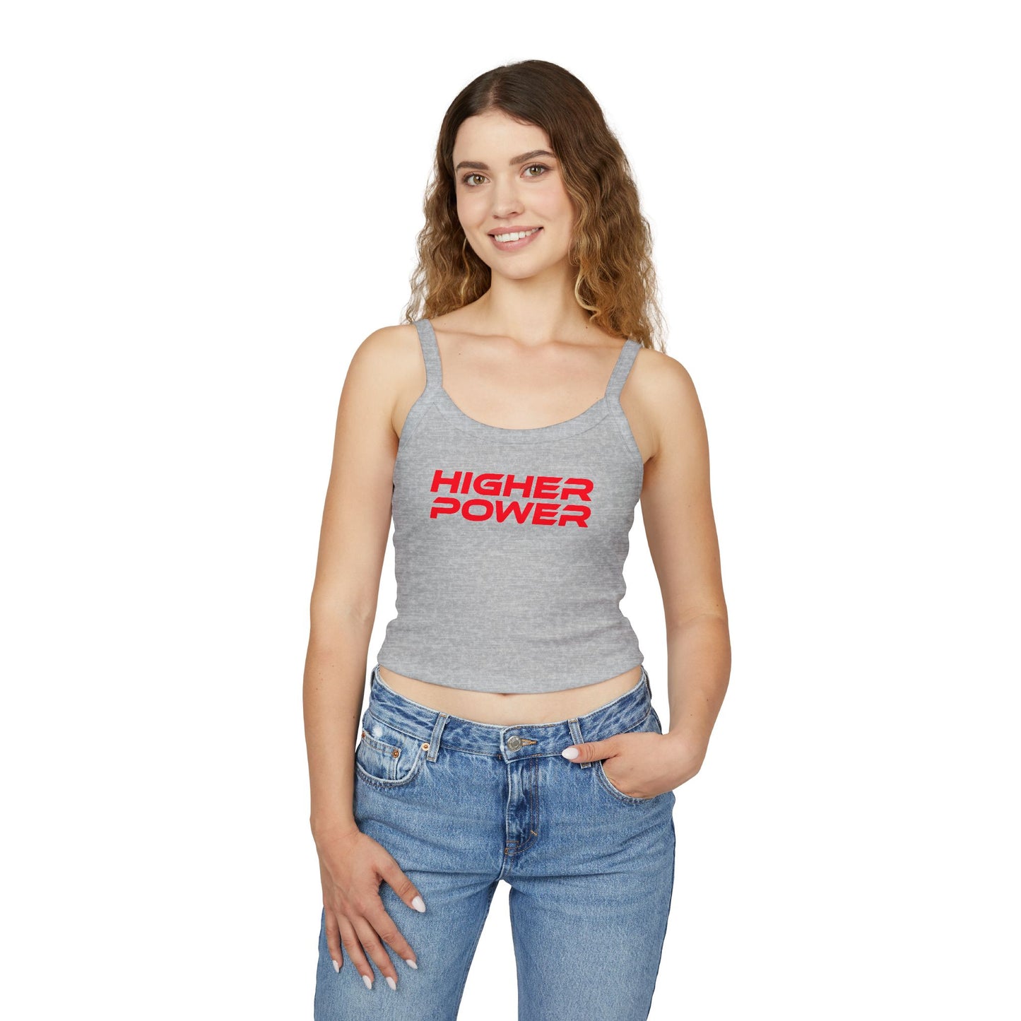 Higher Power - Women's Spaghetti Strap Tank Top - Motivational Gray Crop