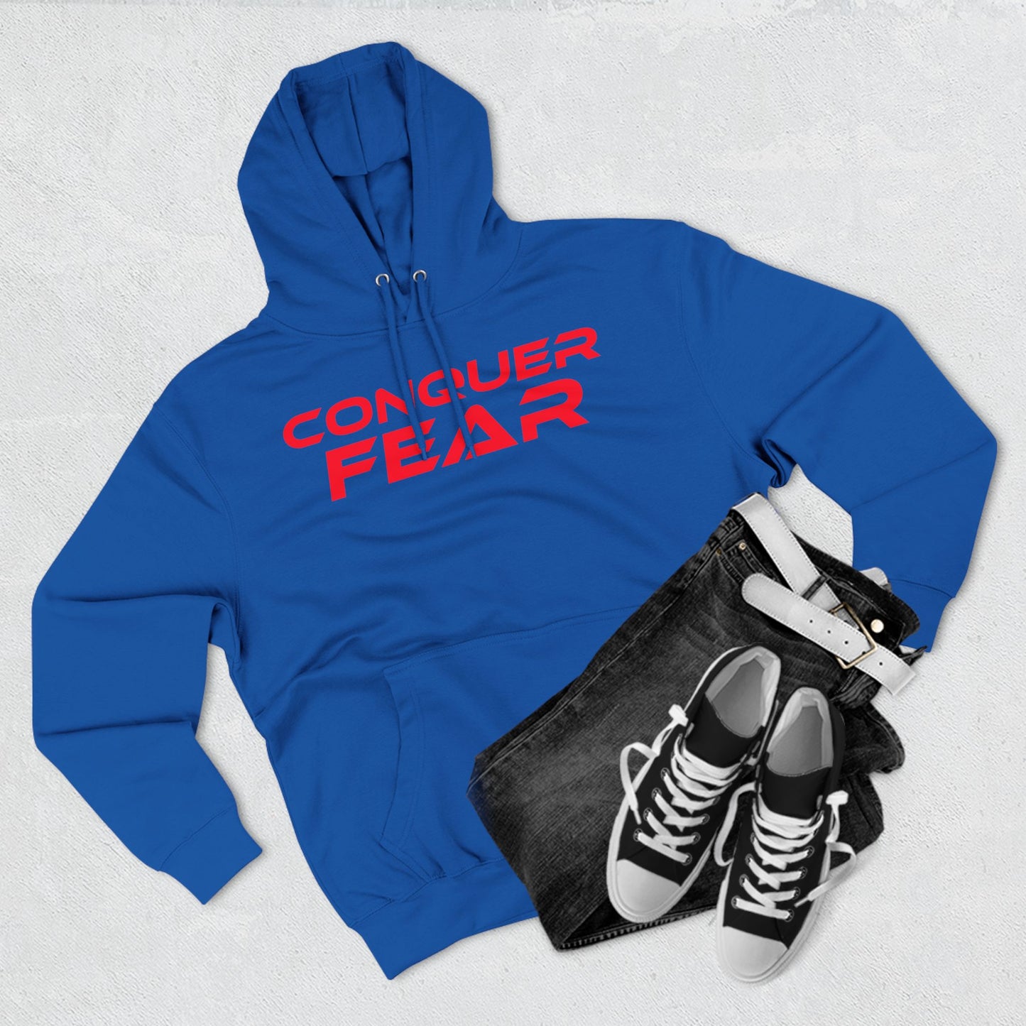 Conquer Fear - Fleece Hoodie - Motivational Black Sweatshirt for Comfort and Empowerment