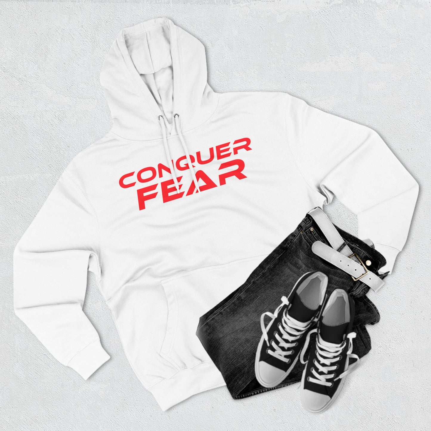 Conquer Fear - Fleece Hoodie - Motivational Black Sweatshirt for Comfort and Empowerment