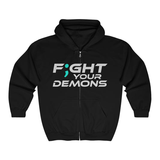 Fight Your Demons (GREY Font) -  Zip Hoodie - Unisex Heavy Blend Sweatshirt for Motivation and Comfort