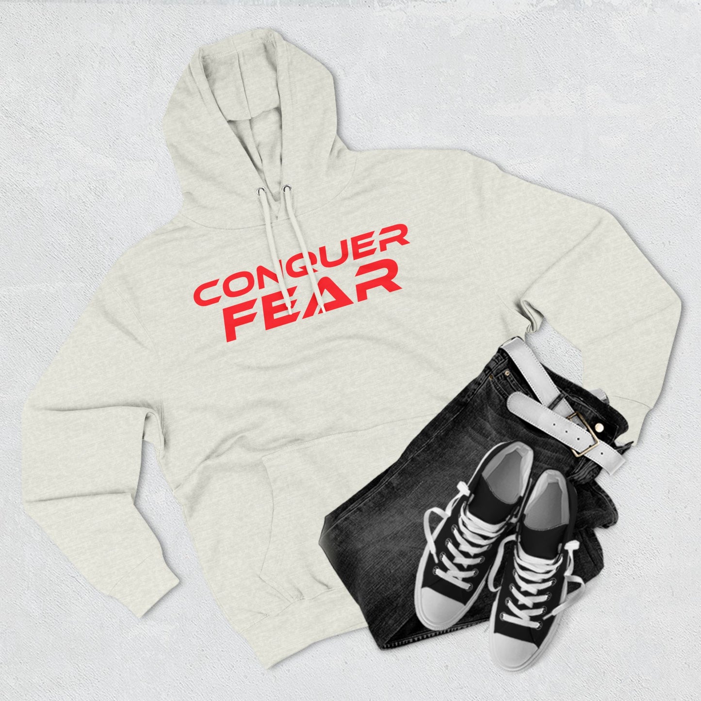 Conquer Fear - Fleece Hoodie - Motivational Black Sweatshirt for Comfort and Empowerment